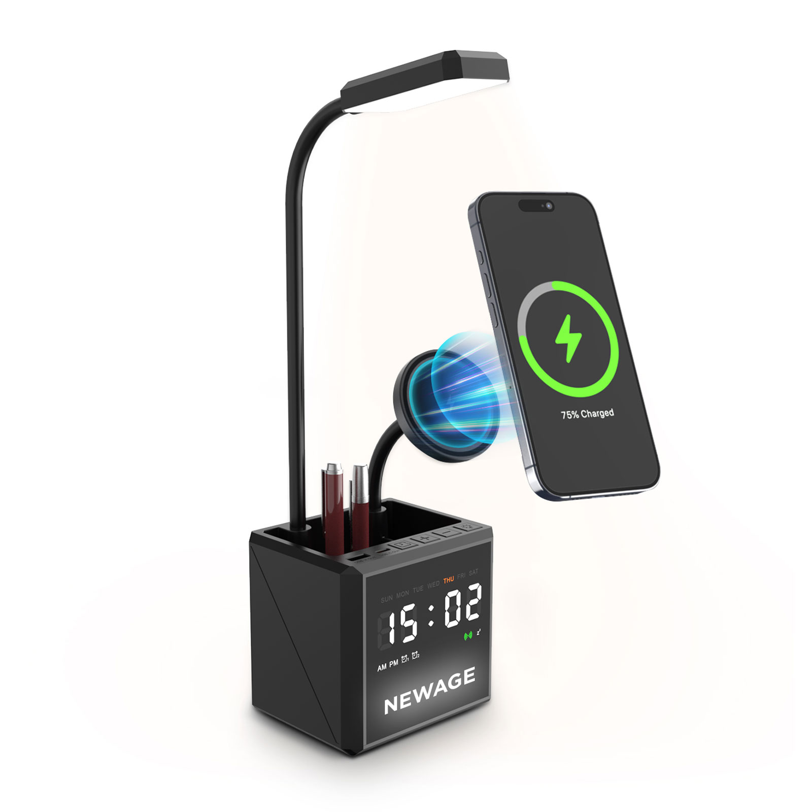 268301-001 YAKAMOZ SİYAH MASAÜSTÜ IŞIKLI SAAT VE ŞARJ STANDI - Görsel 1